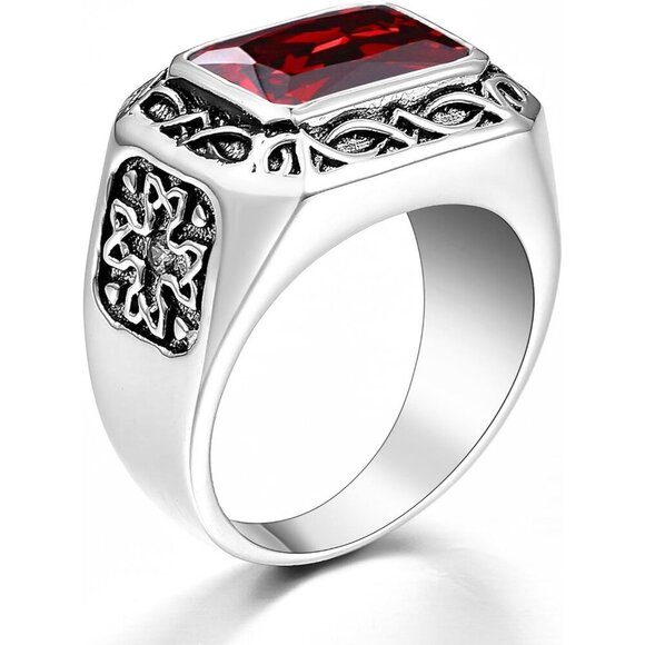 ⭐ Men's Stainless Steel Emerald Ring - Celtic Vintage Signet Wedding Band - Picture 3 of 8